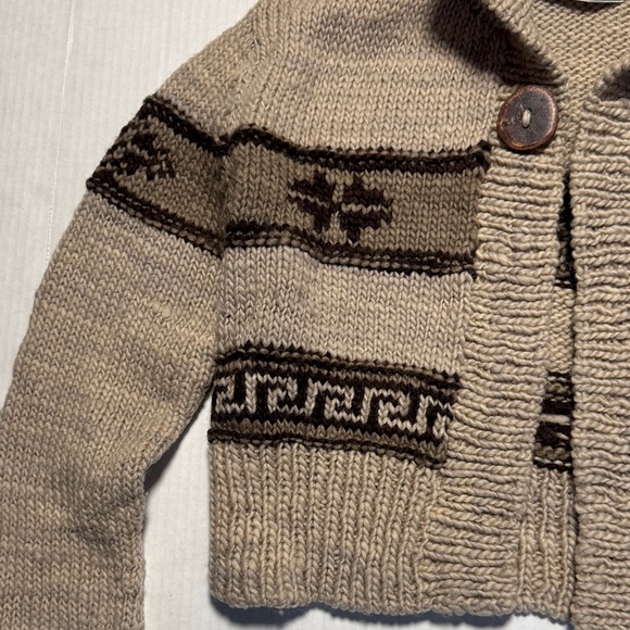 PERUVIAN CONNECTION Cropped Shawl Collar Sweater Beige Brown Aztec Pattern SM - Picture 4 of 10